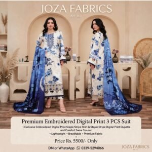 Joza Blue Floral Premium Embroidered Linen 3PC - Digital Print with Cutwork Daman, Lace & Tassels | Stitched & Unstitched