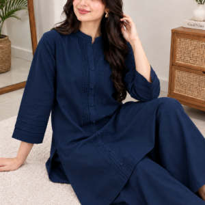 Navy Blue Elegance – 2-Piece Stitched Kurta Trouser Set