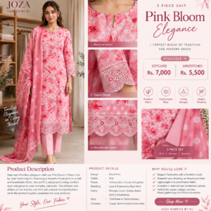 Pink floral 3-piece linen suit with lace detailing and matching dupatta by Joza Fabrics by HJ