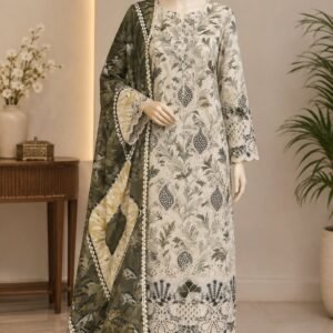 Olive Leaf Elegance 3 Piece Suit – Stitched & Unstitched