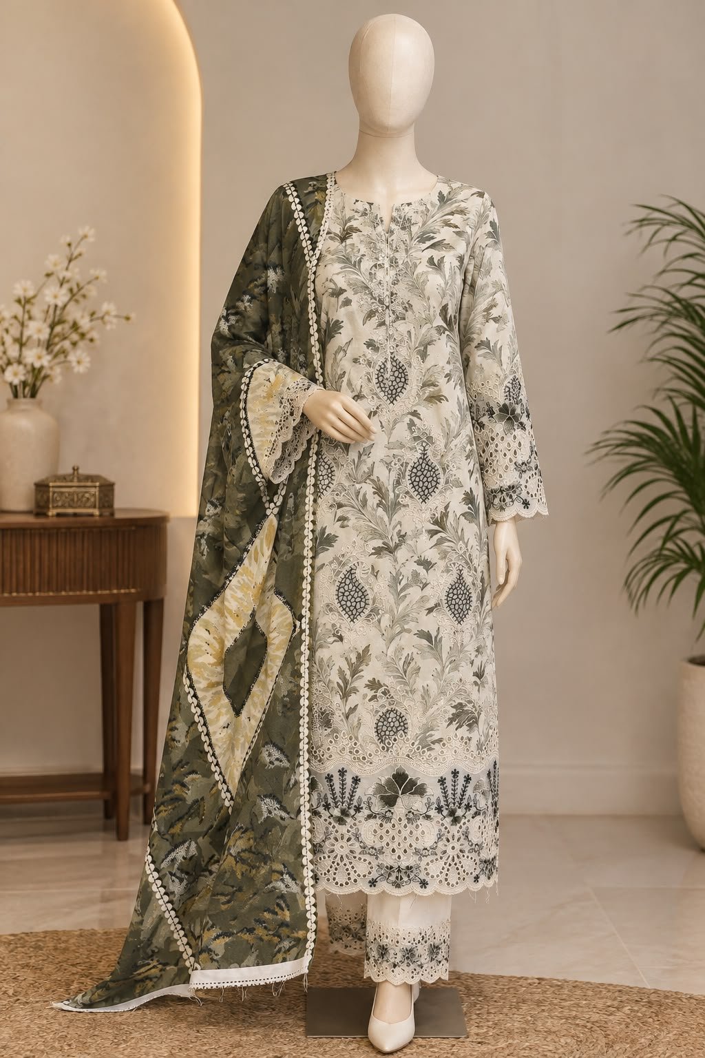 Olive Leaf Elegance 3 Piece Suit – Stitched & Unstitched